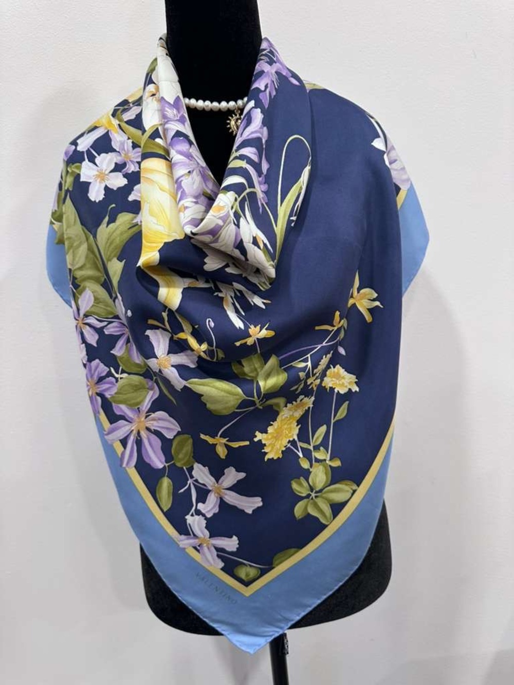 Navy Floral Silk-Feel Scarf with Yellow & Lavender Blooms